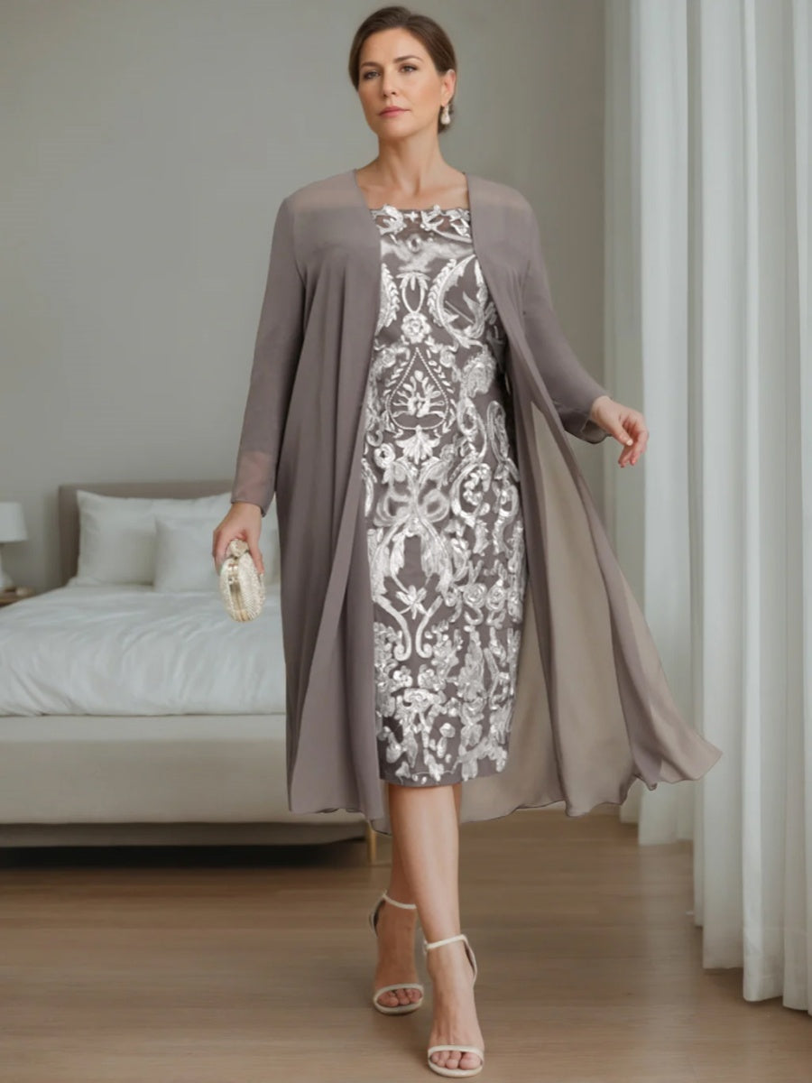 Off-the-Shoulder Plus Size Mother of the Bride Dress with 3/4 Sleeves and Jacket Knee-Length Sheath/Column Style