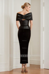 Off-the-Shoulder Ruched Ankle-Length Sheath Dress with Bow for the Mother of the Bride