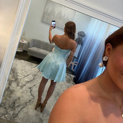 Off-the-Shoulder Ruched Satin Corset Pearl Chain Straps Pearl Beading A-Line Homecoming Dress Mini