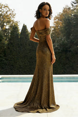 Off-the-Shoulder Ruching Pleated Sequined Column Prom Dress Side Slit Sweep Train Floor Length