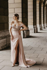 Off-the-Shoulder Satin Mermaid Prom Evening Dresses Side Slit with Detachable Train