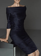 Off-the-Shoulder Satin Mother of the Bride Dress with Half Sleeves and Knee-Length Sheath