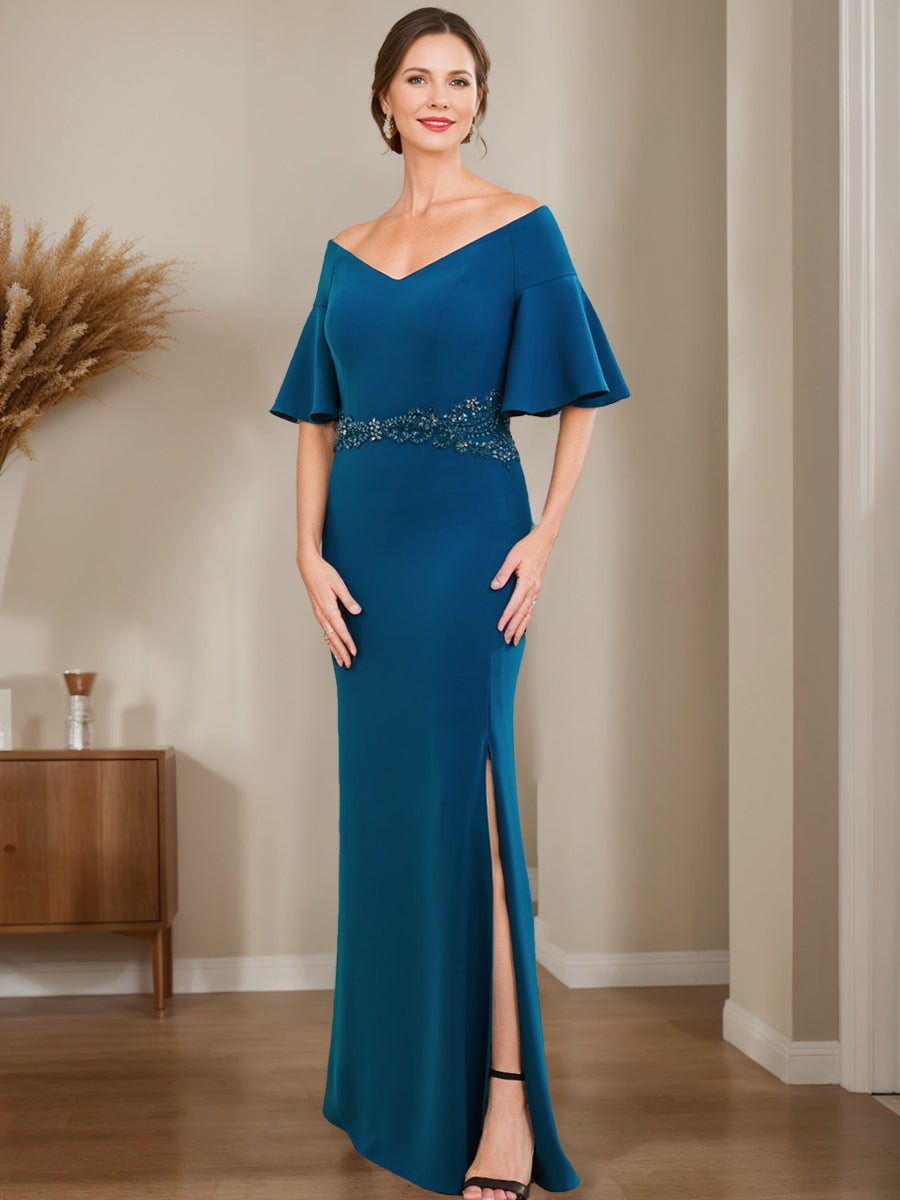 Off-the-Shoulder Sheath/Column Dress for Mothers of the Bride & Groom with Appliques and Side Split