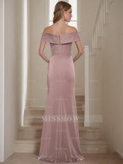 Off-the-Shoulder Short Sleeve Floor-Length Mother of the Bride Dress with Ruffles in Sheath/Column Style
