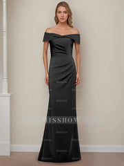 Off-the-Shoulder Short Sleeve Floor-Length Mother of the Bride Dress with Ruffles in Sheath/Column Style