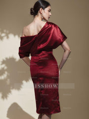 Off-the-Shoulder Short Sleeve Sheath Cocktail Dress with Ruched Knee-Length Column Design