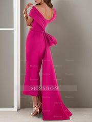 Off-the-Shoulder Short Sleeve Sheath/Column Ankle-Length Mother of the Bride Gown with Watteau Train