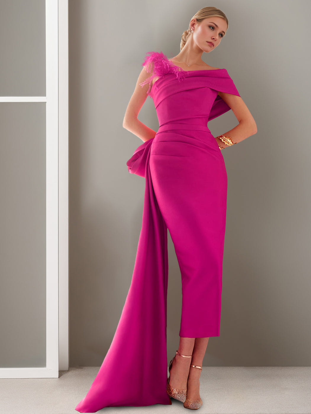 Off-the-Shoulder Short Sleeve Sheath/Column Ankle-Length Mother of the Bride Gown with Watteau Train