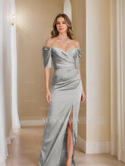 Off-the-Shoulder Short Sleeve Sheath/Column Mother of the Bride Dress With Front Split