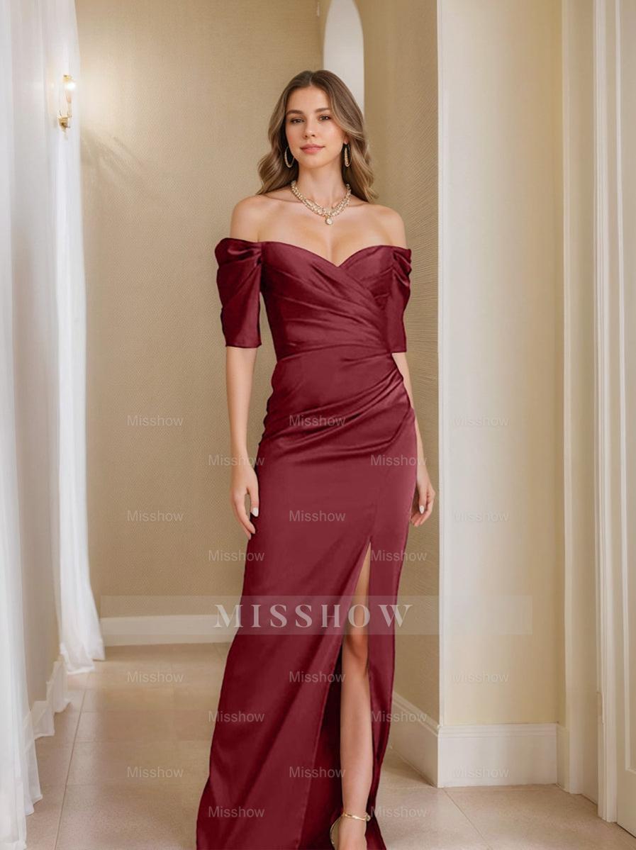 Off-the-Shoulder Short Sleeve Sheath/Column Mother of the Bride Dress With Front Split