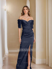 Off-the-Shoulder Short Sleeve Sheath/Column Mother of the Bride Dress With Front Split