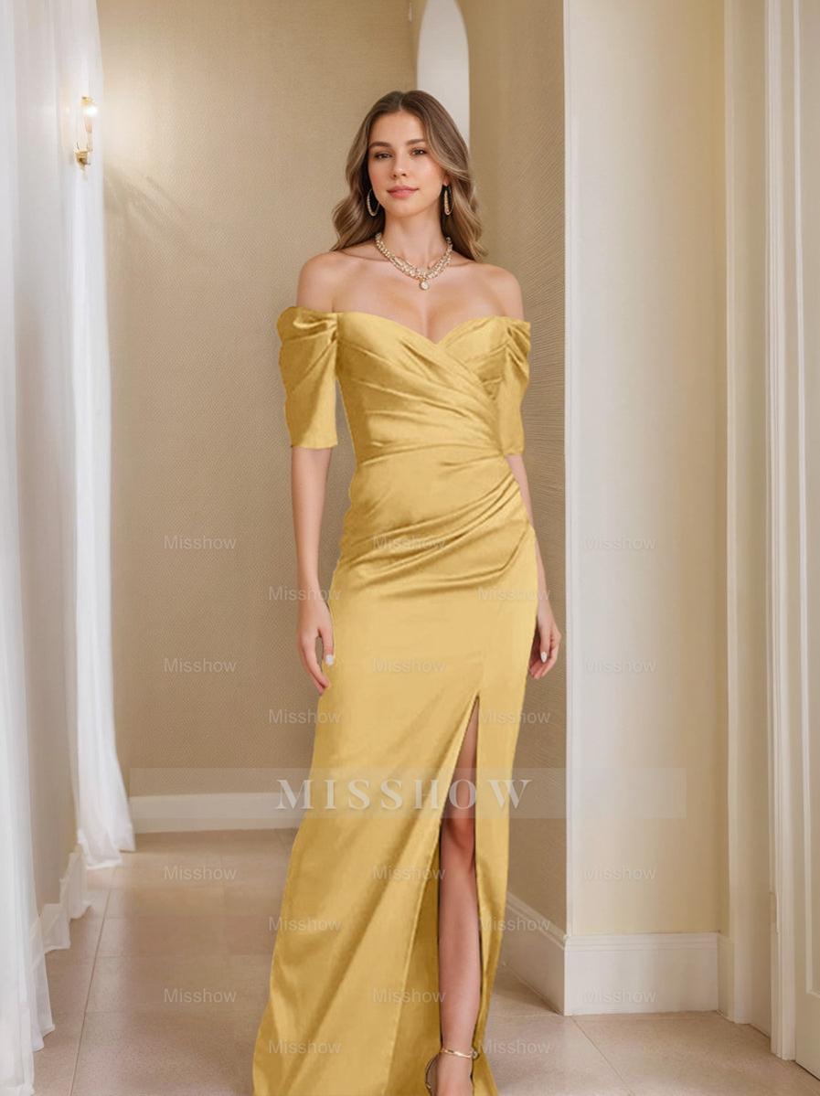 Off-the-Shoulder Short Sleeve Sheath/Column Mother of the Bride Dress With Front Split