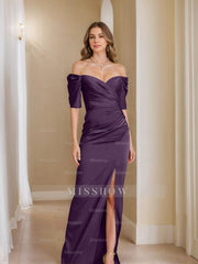 Off-the-Shoulder Short Sleeve Sheath/Column Mother of the Bride Dress With Front Split