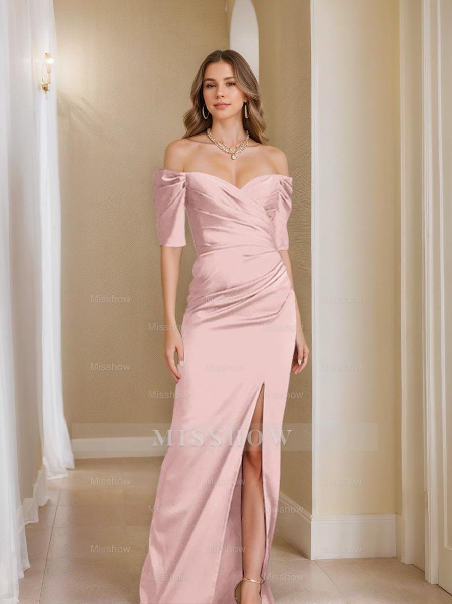 Off-the-Shoulder Short Sleeve Sheath/Column Mother of the Bride Dress With Front Split