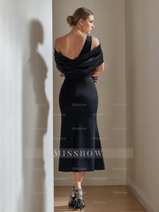 Off-the-Shoulder Short Sleeve Tea-Length Mother of the Bride Sheath Dress
