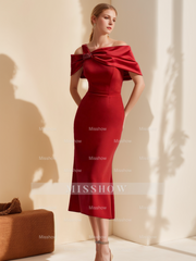 Off-the-Shoulder Short Sleeve Tea-Length Mother of the Bride Sheath Dress