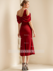 Off-the-Shoulder Short Sleeve Tea-Length Mother of the Bride Sheath Dress