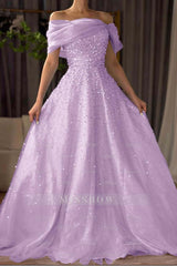 Off the Shoulder Sleeveless Long Formal Dress With Beading Tulle