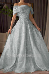 Off the Shoulder Sleeveless Long Formal Dress With Beading Tulle