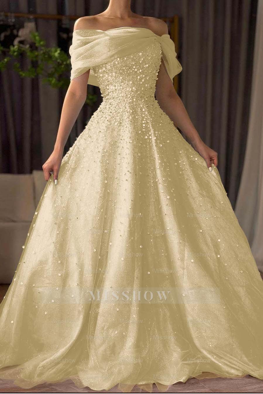 Off the Shoulder Sleeveless Long Formal Dress With Beading Tulle