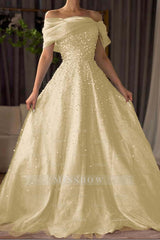Off the Shoulder Sleeveless Long Formal Dress With Beading Tulle