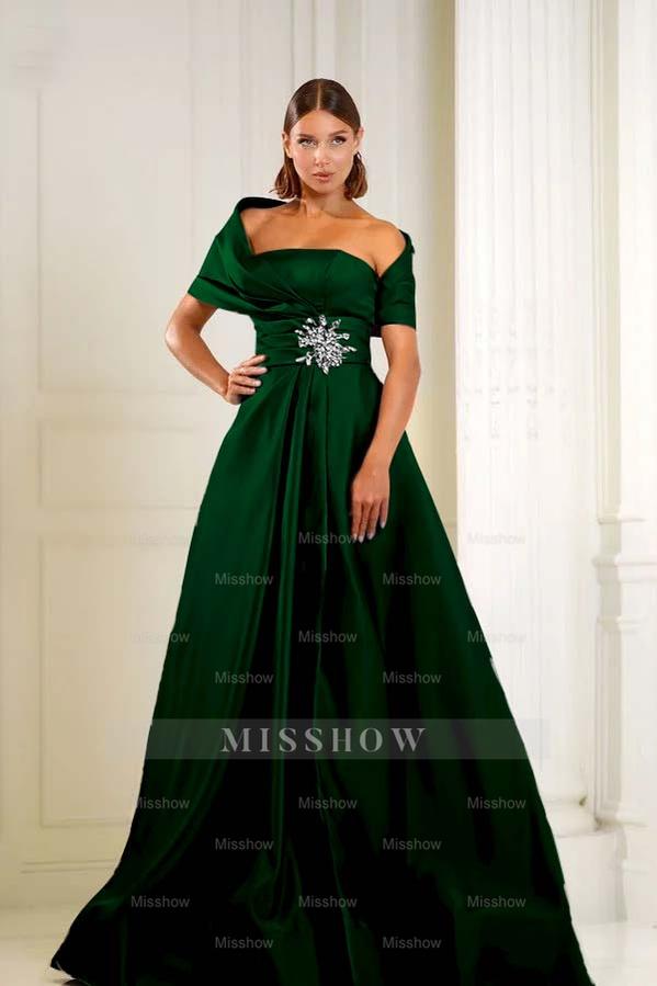Off the Shoulder Sleeveless Long Formal Dress With Pleated Beading