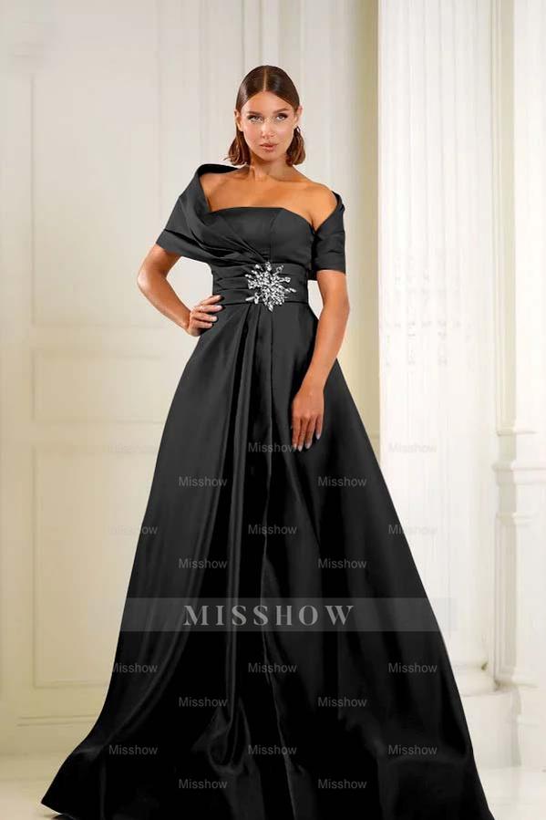 Off the Shoulder Sleeveless Long Formal Dress With Pleated Beading
