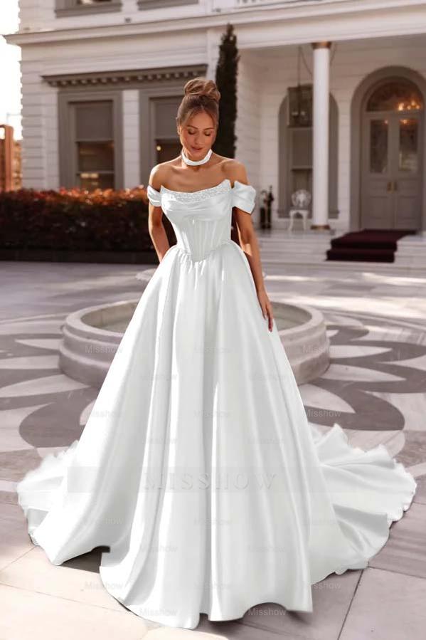 Off the Shoulder Sleeveless Long Formal Dress With Pleated Beading