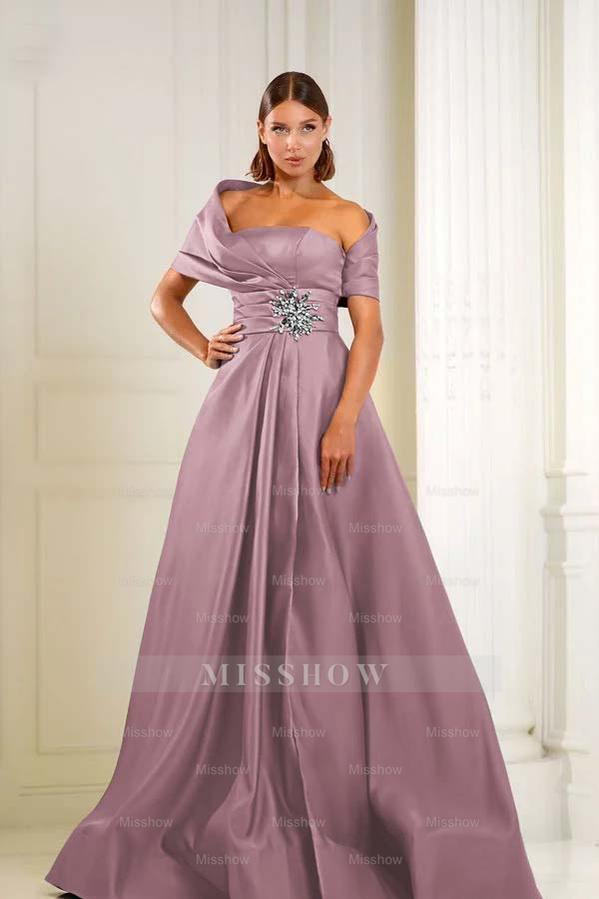 Off the Shoulder Sleeveless Long Formal Dress With Pleated Beading