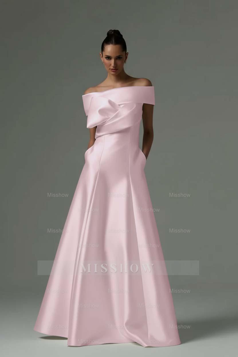 Off the Shoulder Sleeveless Long Formal Dress With Pleated Pocket