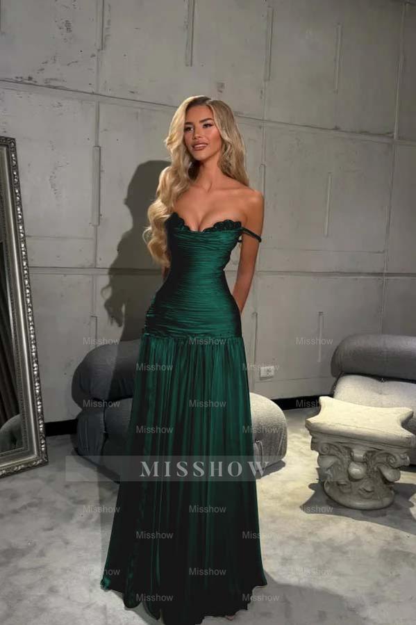 Off the Shoulder Sleeveless Long Formal Dress With Pleated Sequins