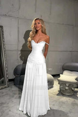 Off the Shoulder Sleeveless Long Formal Dress With Pleated Sequins