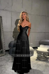Off the Shoulder Sleeveless Long Formal Dress With Pleated Sequins