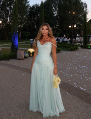 Off the Shoulder Sleeveless Long Formal Dress With Pleated Sequins