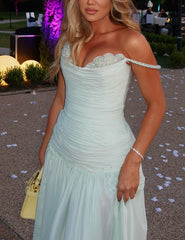 Off the Shoulder Sleeveless Long Formal Dress With Pleated Sequins