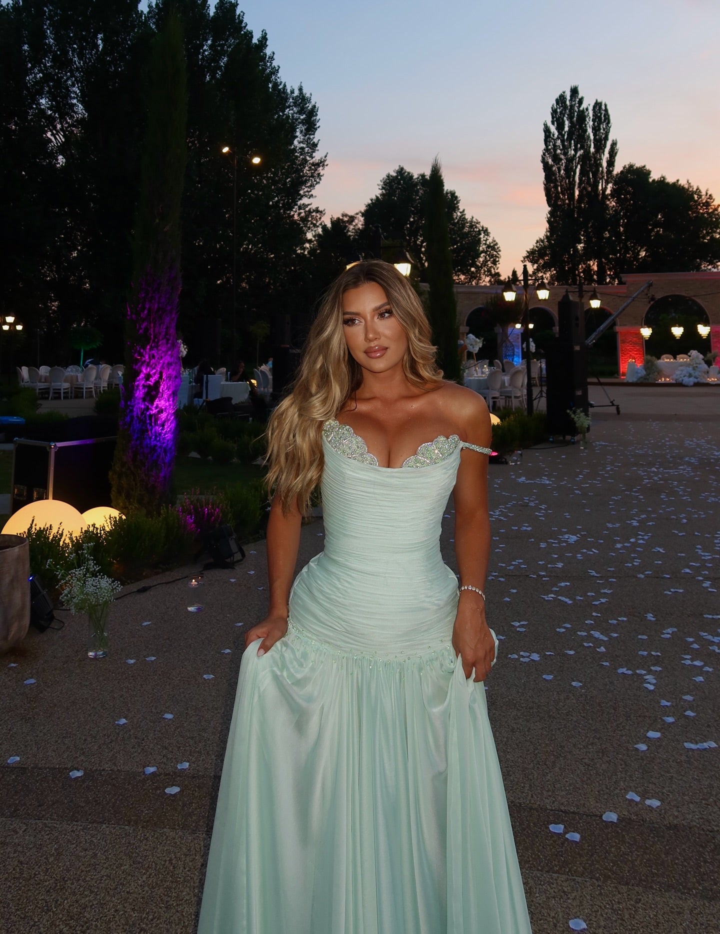 Off the Shoulder Sleeveless Long Formal Dress With Pleated Sequins