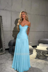 Off the Shoulder Sleeveless Long Formal Dress With Pleated Sequins