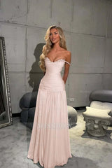 Off the Shoulder Sleeveless Long Formal Dress With Pleated Sequins