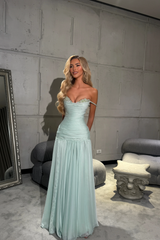 Off the Shoulder Sleeveless Long Formal Dress With Pleated Sequins
