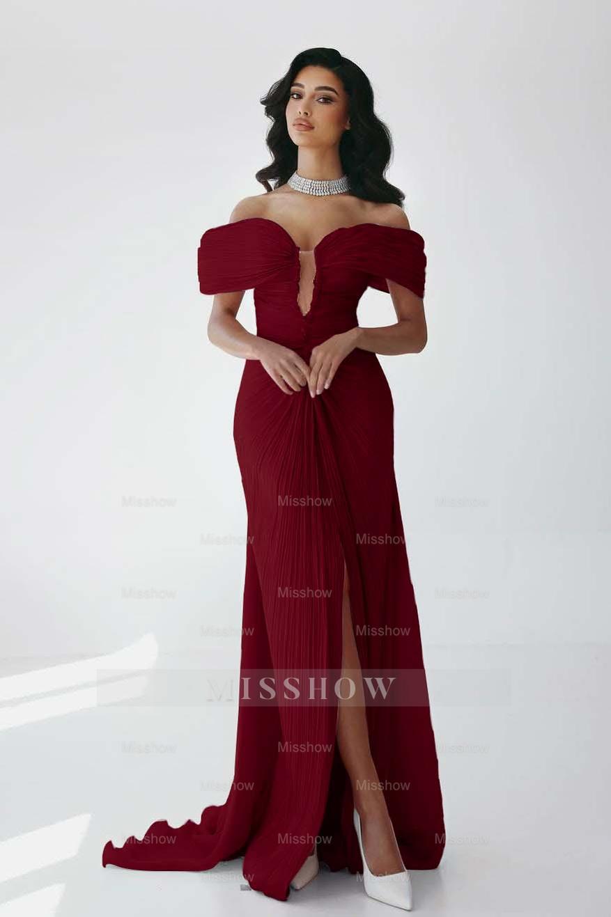 Off the Shoulder Sleeveless Long Mermaid Formal Dress With Ruffles Pleated
