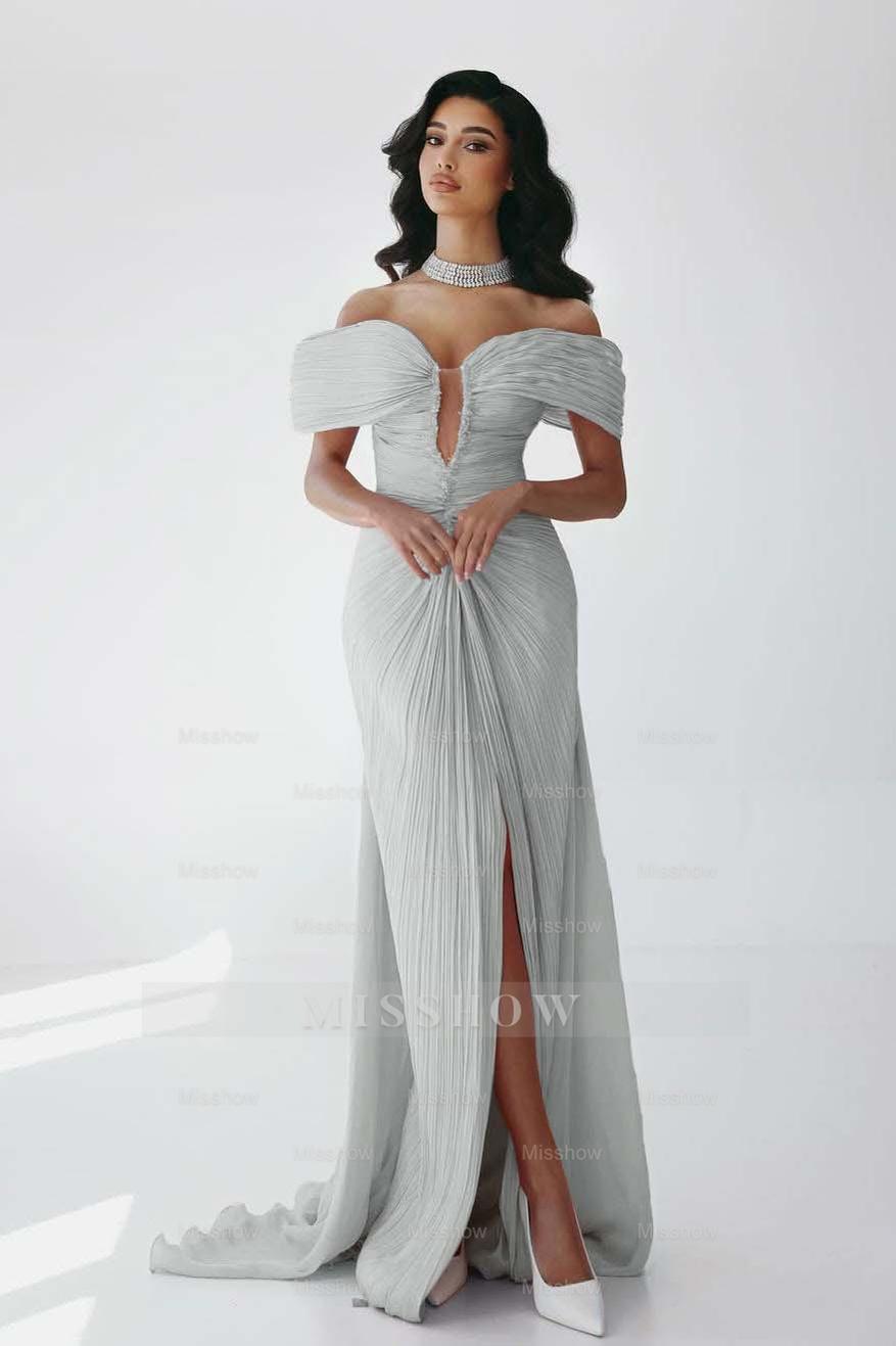 Off the Shoulder Sleeveless Long Mermaid Formal Dress With Ruffles Pleated