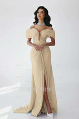 Off the Shoulder Sleeveless Long Mermaid Formal Dress With Ruffles Pleated