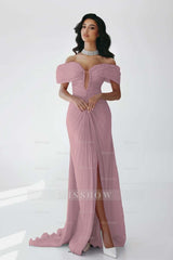 Off the Shoulder Sleeveless Long Mermaid Formal Dress With Ruffles Pleated