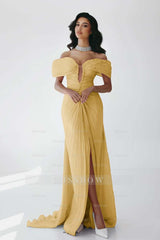 Off the Shoulder Sleeveless Long Mermaid Formal Dress With Ruffles Pleated
