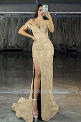 Off the Shoulder Sleeveless Long Mermaid Formal Dress With Split
