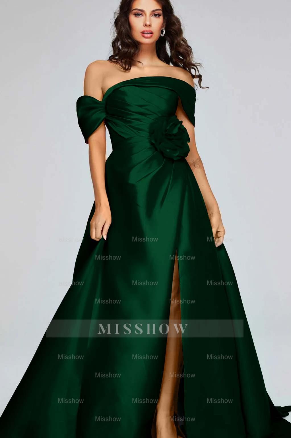 Off the Shoulder Sleeveless Long Split Formal Dress With Pleated