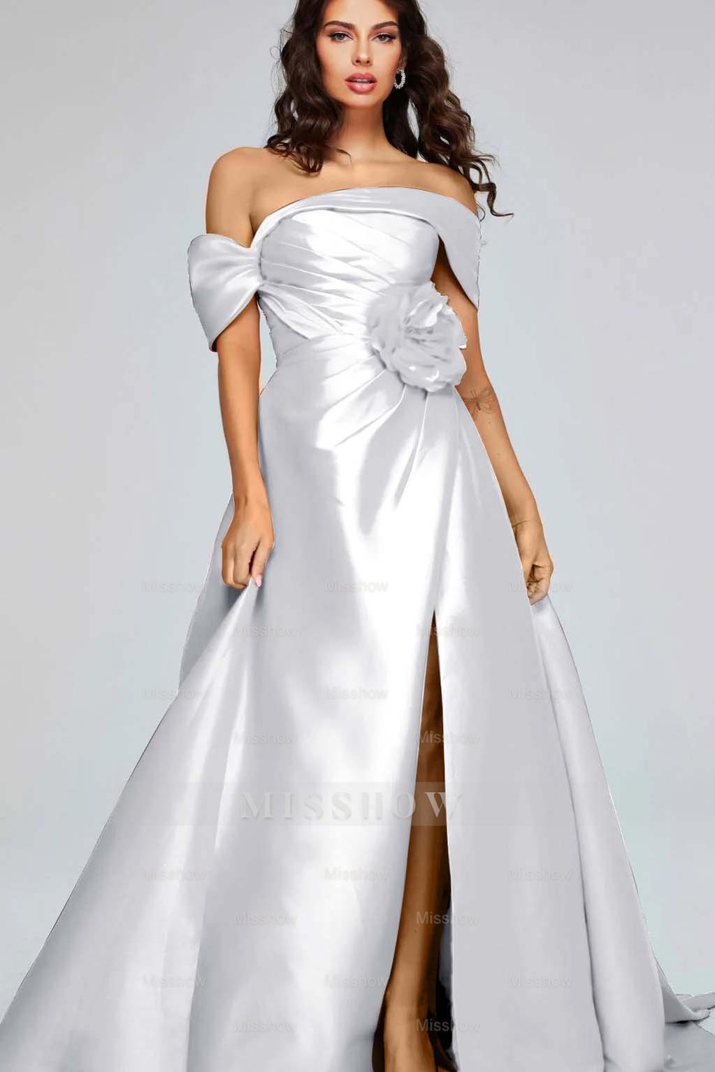 Off the Shoulder Sleeveless Long Split Formal Dress With Pleated