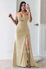 Off the Shoulder Sleeveless Long Split Formal Dress With Pleated