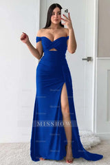 Off the Shoulder Sleeveless Long Split Formal Dress With Pleated