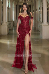 Off the Shoulder Sleeveless Long Split Formal Dress With Sequins